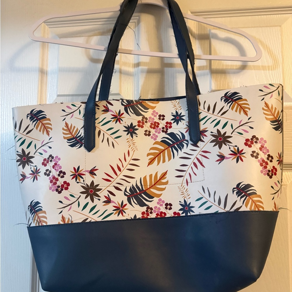 Floral Patterned Tote Bag with Navy Accents